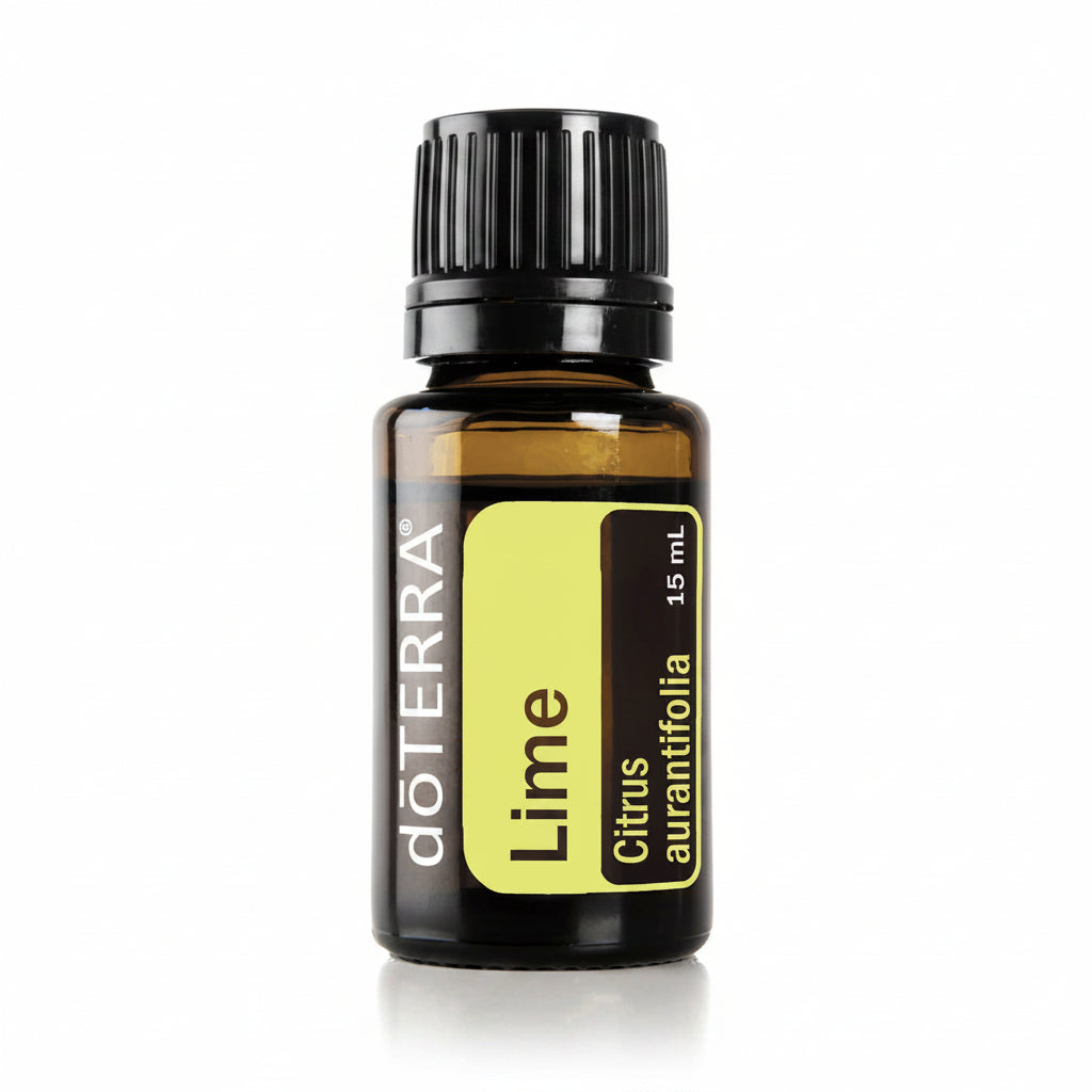 A 15 mL bottle of doTERRA Lime essential oil on a white background. The bottle is made of amber glass, has a black ribbed cap, and features a label with a lime green background and dark brown text and block.