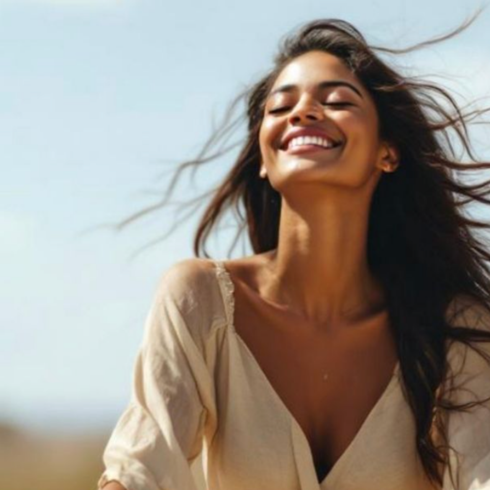 Woman riding a bicycle with a clear blue sky in the background